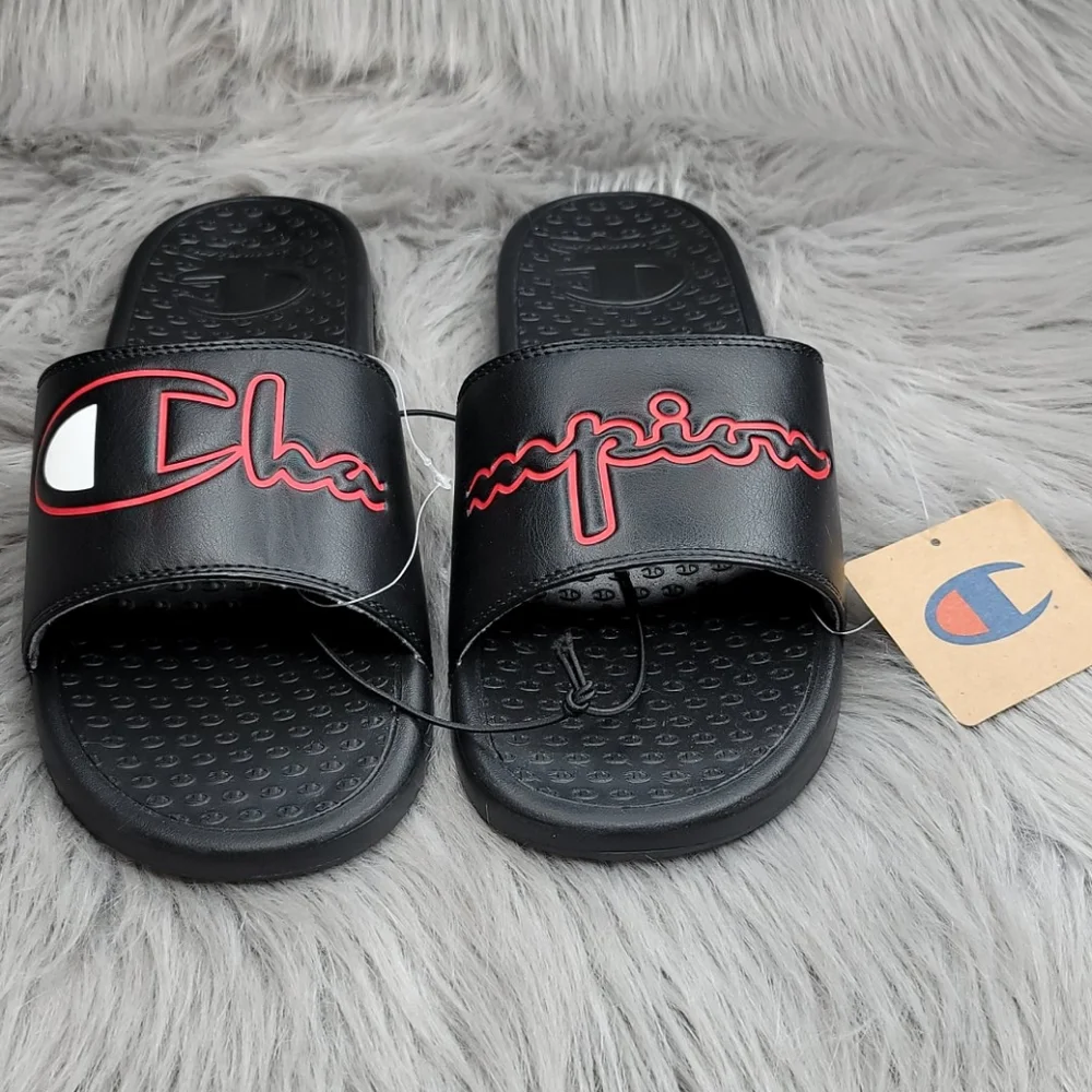 Champion Super Slide Split Script Logo Black Red Sandals